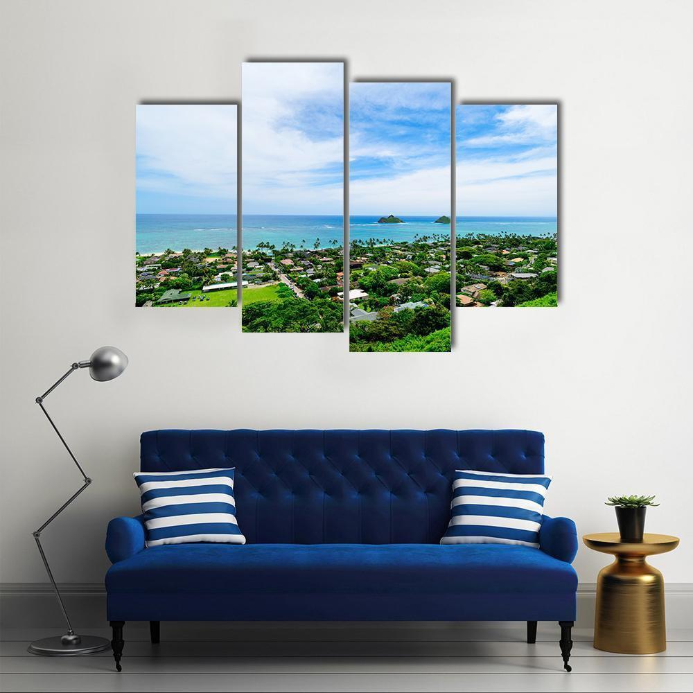 Lanikai Beach With City Canvas Wall Art-4 Pop-Gallery Wrap-50" x 32"-Tiaracle