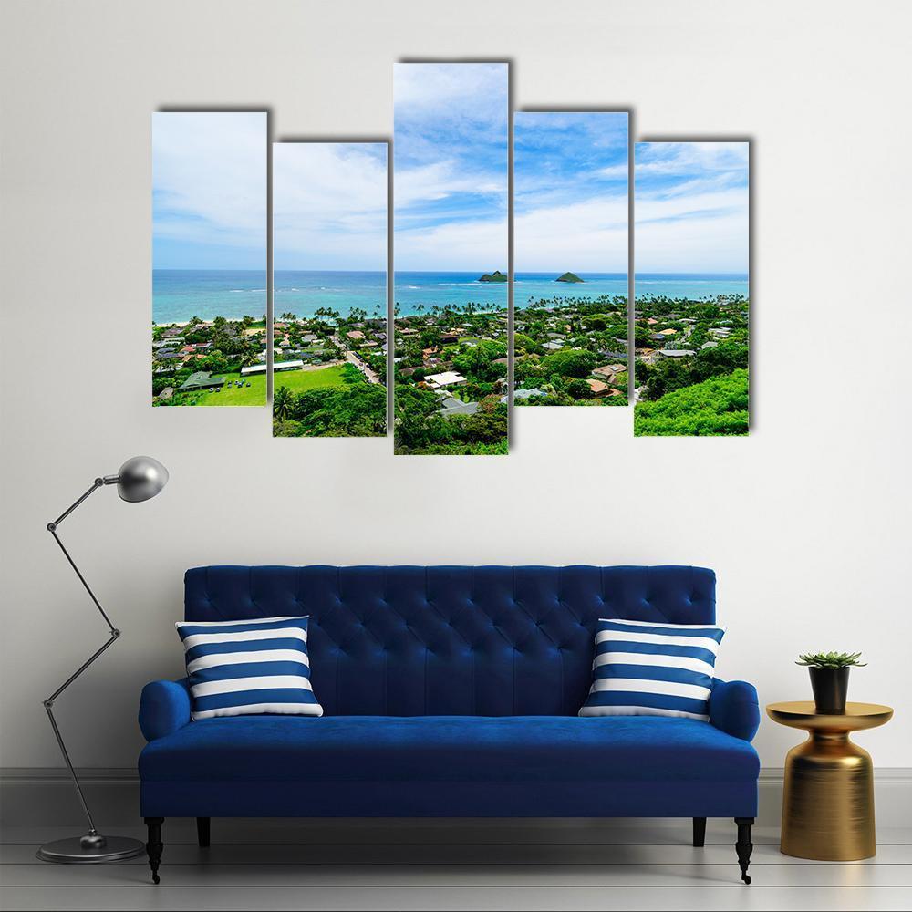 Lanikai Beach With City Canvas Wall Art-5 Pop-Gallery Wrap-47&quot; x 32&quot;-Tiaracle