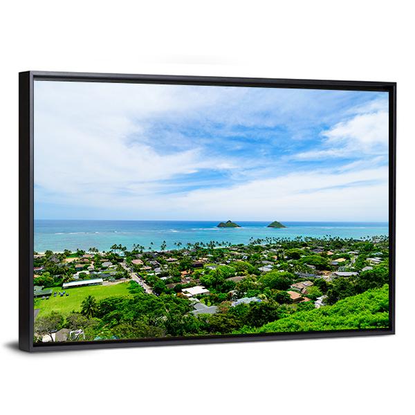 Lanikai Beach With City Canvas Wall Art-3 Horizontal-Gallery Wrap-25" x 16"-Tiaracle