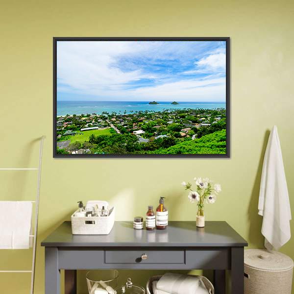 Lanikai Beach Overlooking Islands Canvas Wall Art in white, green and blue, framed canvas, product view on a white background