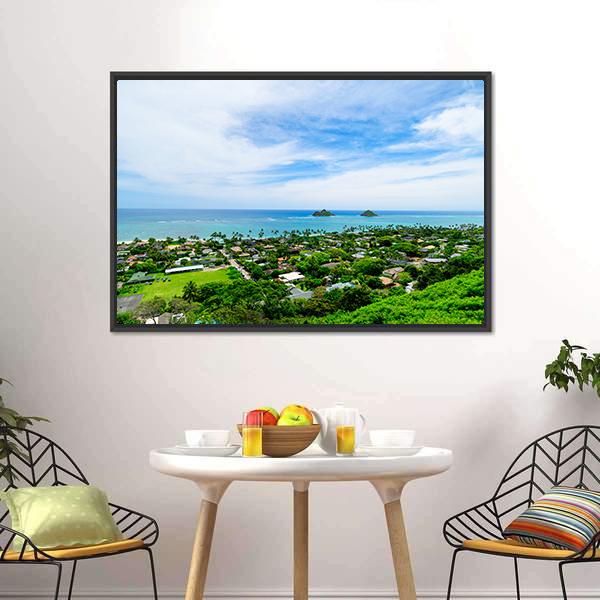 Lanikai Beach With City Canvas Wall Art-3 Horizontal-Gallery Wrap-25" x 16"-Tiaracle