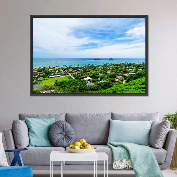 Lanikai Beach With City Canvas Wall Art-3 Horizontal-Gallery Wrap-25" x 16"-Tiaracle