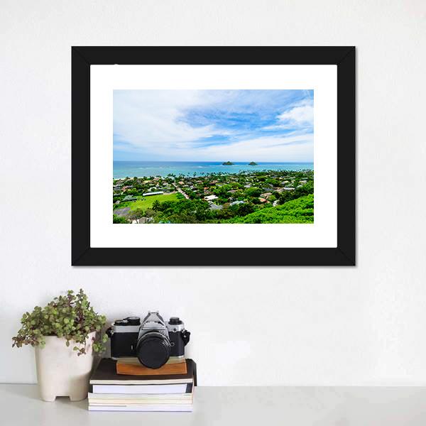 Lanikai Beach With City Canvas Wall Art-1 Piece-Framed Print-20&quot; x 16&quot;-Tiaracle