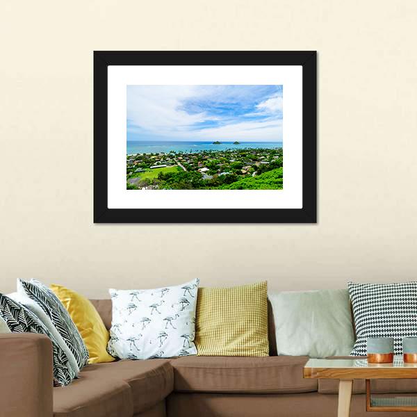 Lanikai Beach With City Canvas Wall Art-3 Horizontal-Gallery Wrap-25" x 16"-Tiaracle