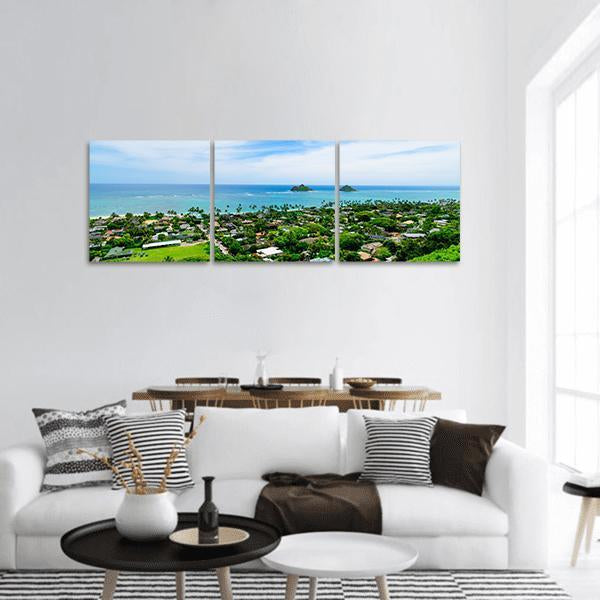 Lanikai Beach With City Panoramic Canvas Wall Art-3 Piece-25" x 08"-Tiaracle