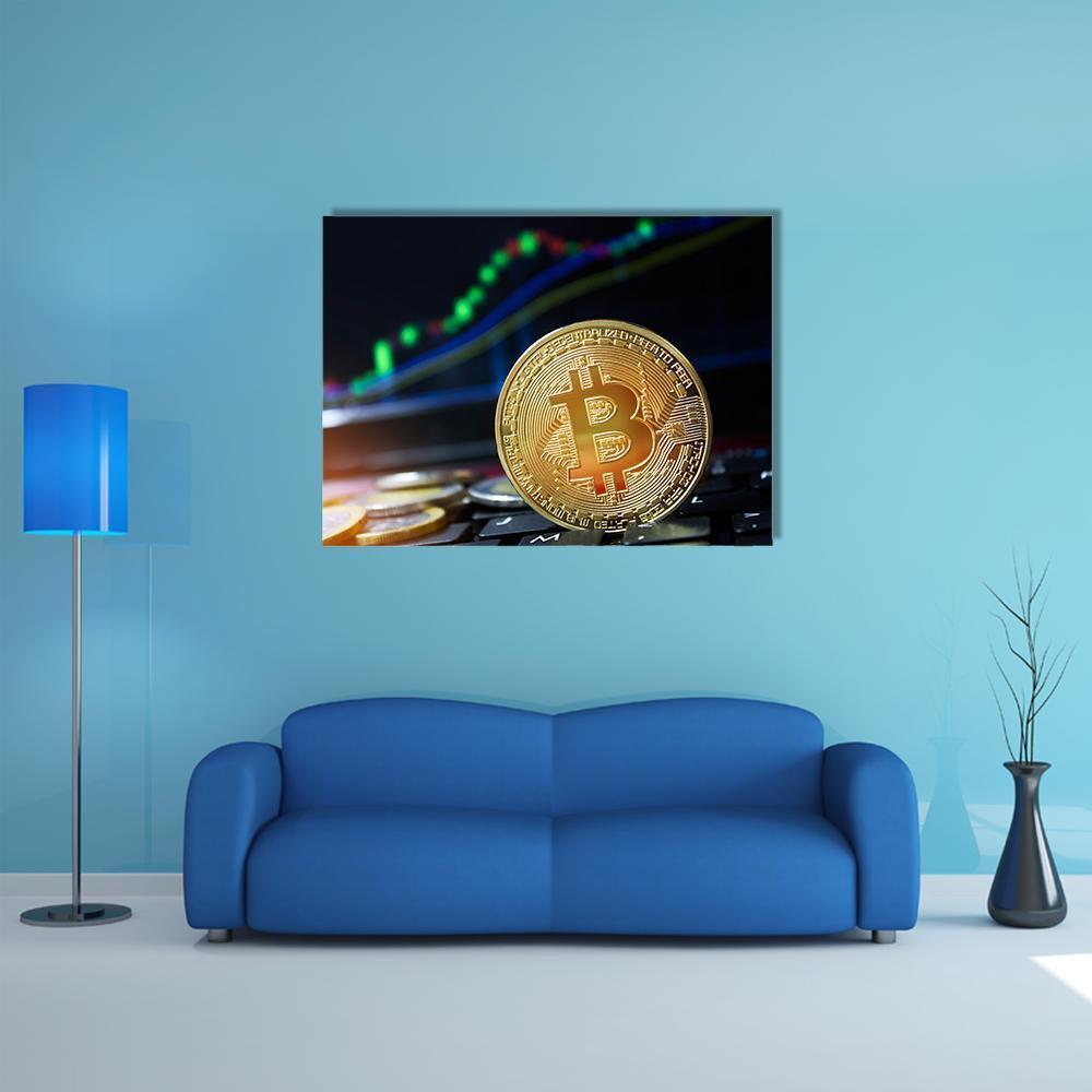 Golden Bitcoin on Keyboard Canvas Wall Art in black and gold, single panel hung on a wall