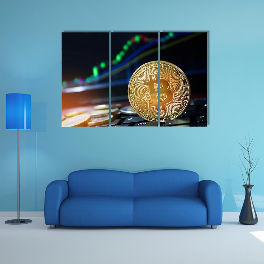 Bitcoins On Keyboard Canvas Wall Art-3 Horizontal-Gallery Wrap-37" x 24"-Tiaracle