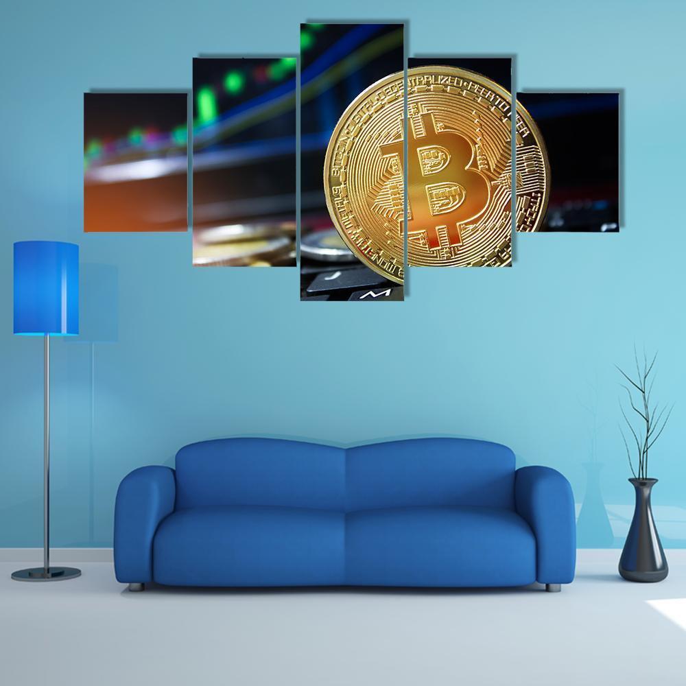 Bitcoins On Keyboard Canvas Wall Art-5 Star-Gallery Wrap-62" x 32"-Tiaracle