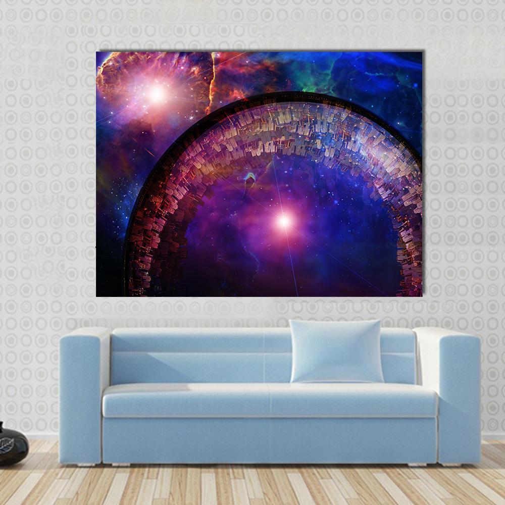 City Ship in Deep Space Canvas Wall Art in orange, blue and purple, single panel hung on a wall