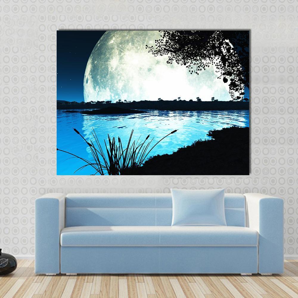 Moonlit Lake Under Starry Night Canvas Wall Art in black, white and blue, single panel hung on a wall