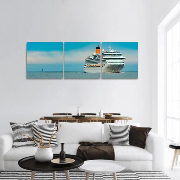 Royal Cruise Ship with Orange Smokestack Panoramic Canvas Wall Art in white and blue, hung on a wall