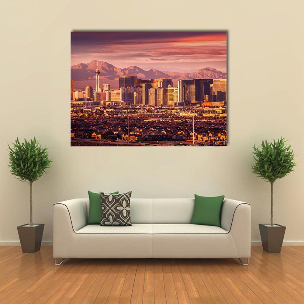 Las Vegas Strip Skyline Canvas Wall Art in brown, orange and purple, single panel hung on a wall