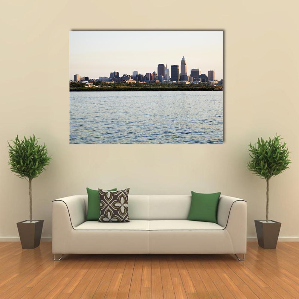 Downtown Cleveland Canvas Wall Art in white, gray and blue, single panel hung on a wall