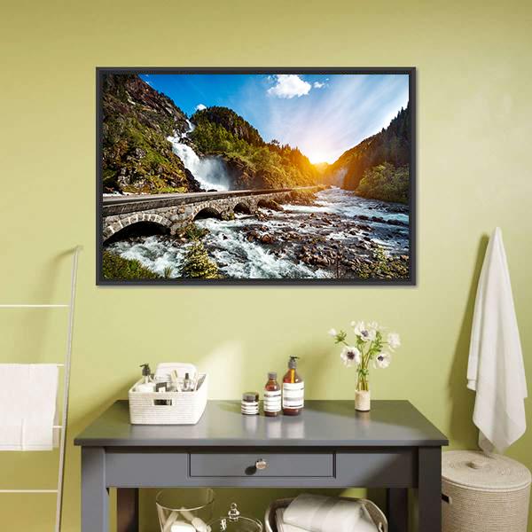 Latefossen Waterfall Canvas Wall Art-1 Piece-Floating Frame-24" x 16"-Tiaracle