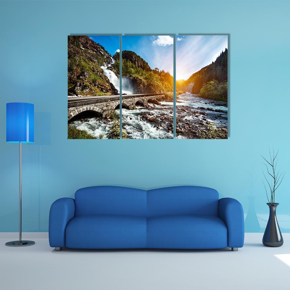Latefossen Waterfall Canvas Wall Art-3 Horizontal-Gallery Wrap-37" x 24"-Tiaracle