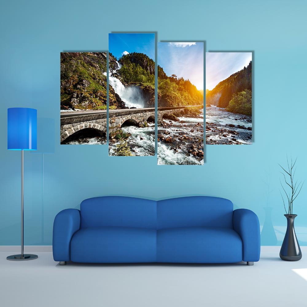 Latefossen Waterfall Canvas Wall Art-4 Pop-Gallery Wrap-50" x 32"-Tiaracle