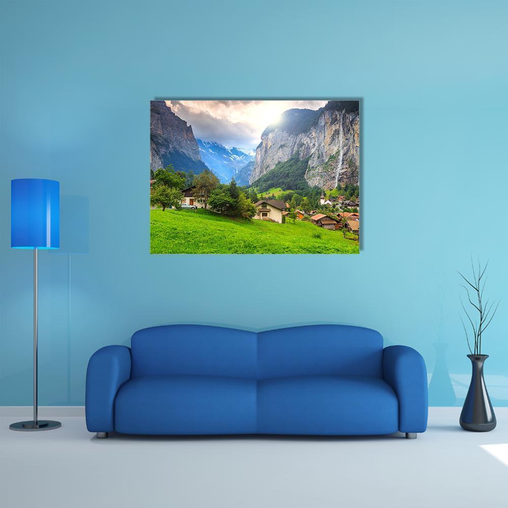 Lauterbrunnen Valley, Switzerland Canvas Wall Art in gray, green and blue, single panel hung on a wall