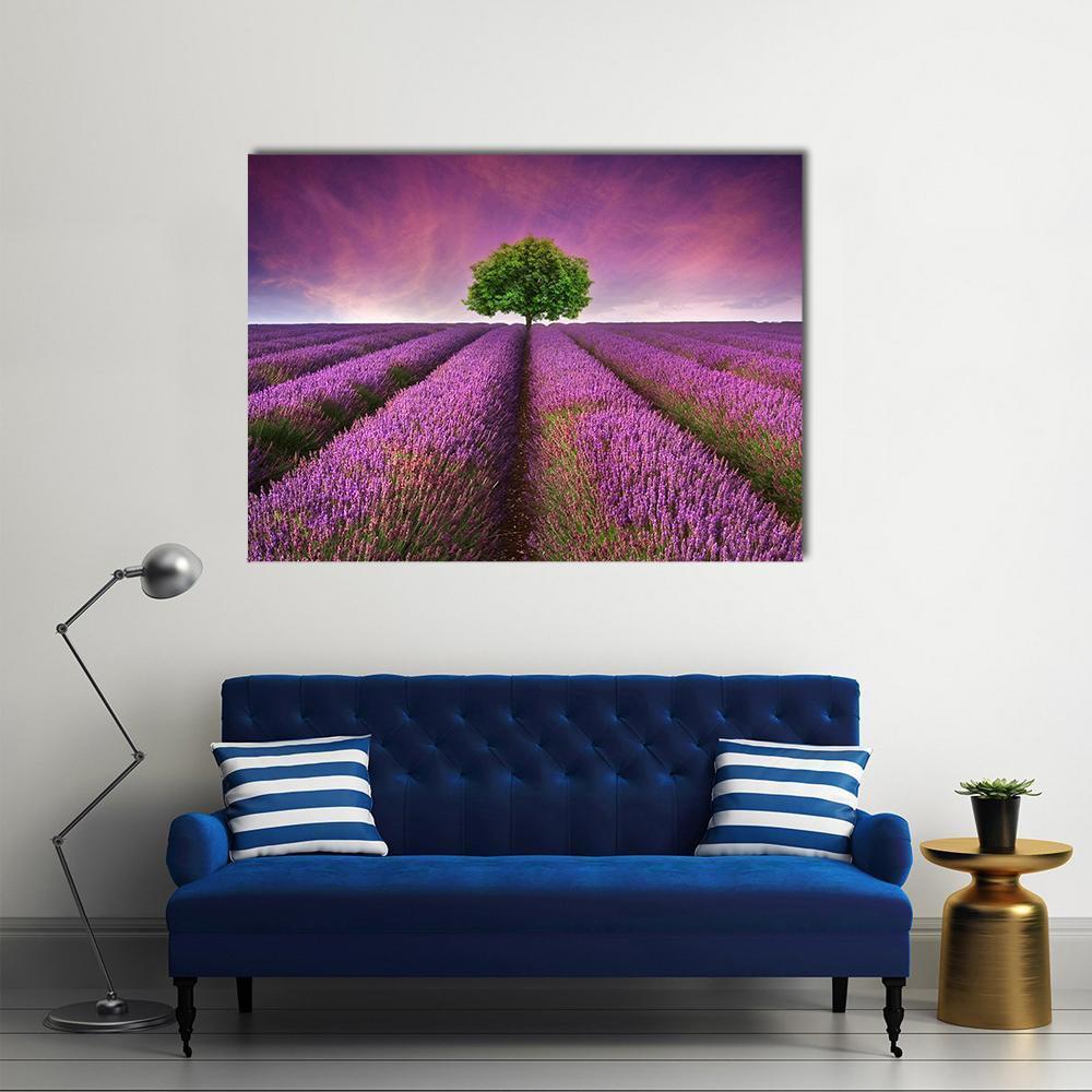 Lavender Field in Summer Canvas Wall Art in green, purple and pink, single panel hung on a wall