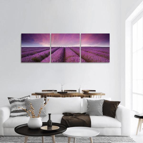 Lavender Field At Sunset Panoramic Canvas Wall Art-3 Piece-25" x 08"-Tiaracle