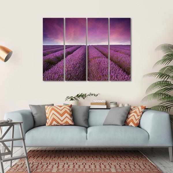 Lavender Field At Sunset Canvas Wall Art-4 Horizontal-Gallery Wrap-34" x 24"-Tiaracle