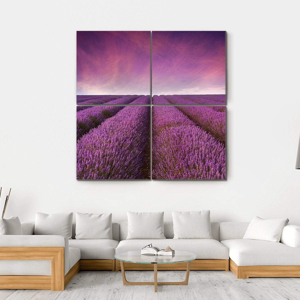 Lavender Field At Sunset Canvas Wall Art-4 Square-Gallery Wrap-17" x 17"-Tiaracle