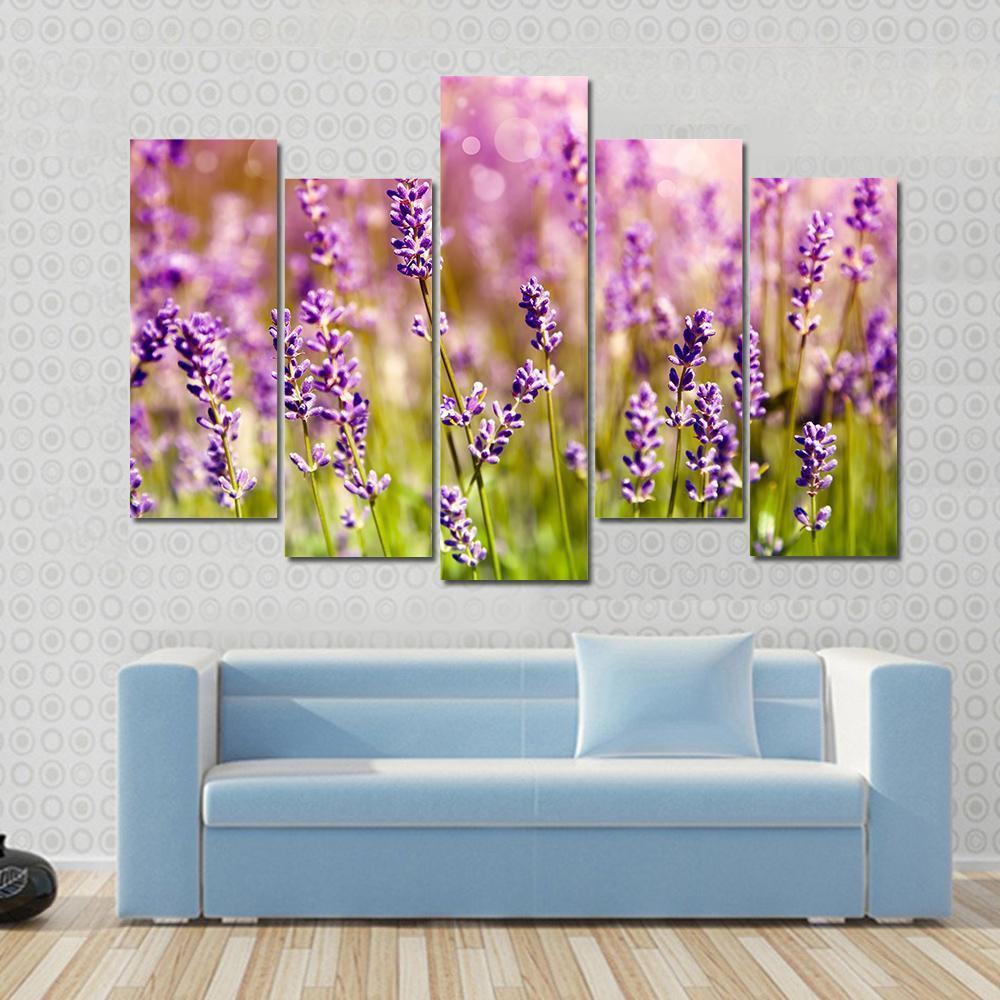 lavender flower wall decals Lavender Floral Scene Multi Panel Canvas Wall Art Print - green/purple - 5 Pop - Canvas Print - 32" x 21"