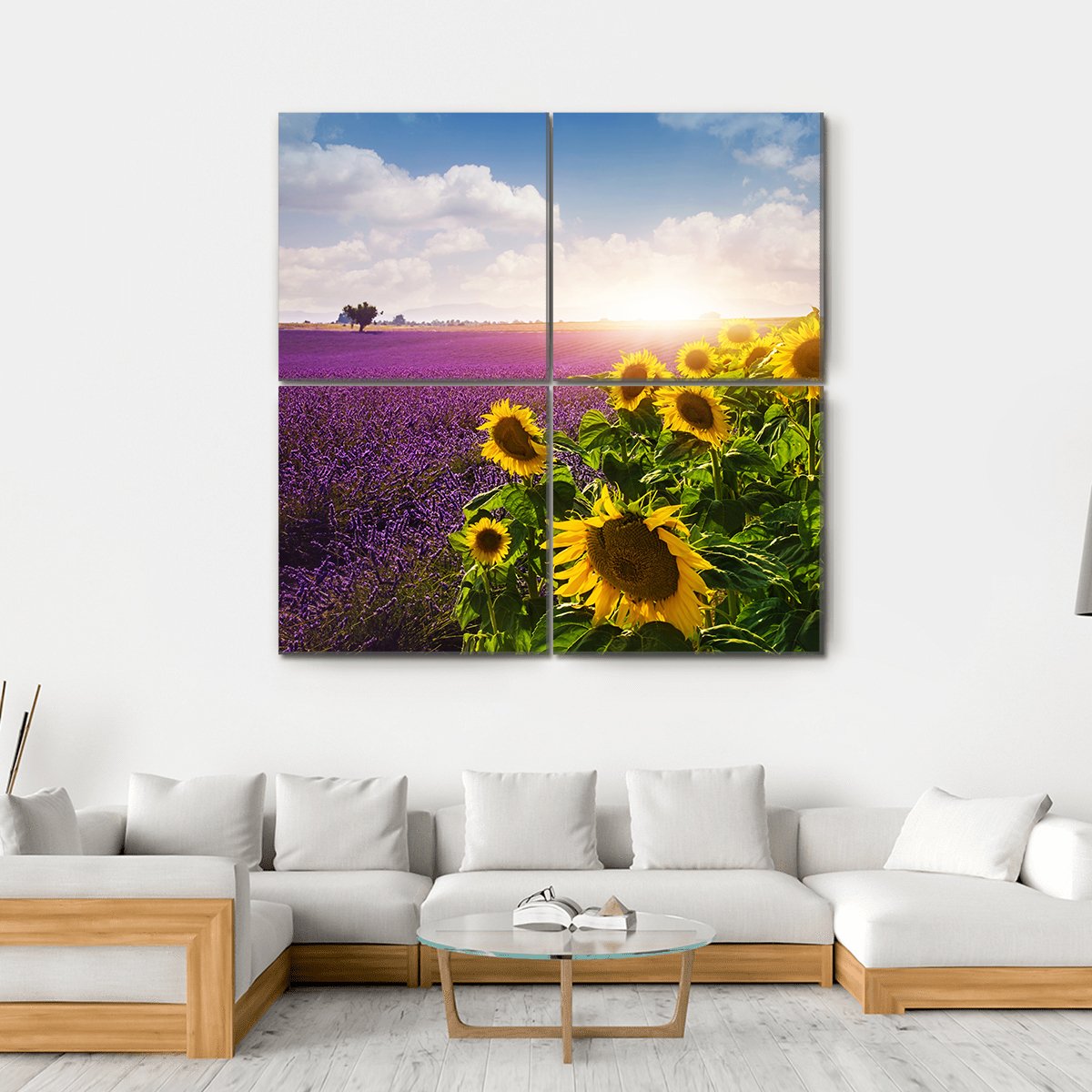 Lavender &amp; Sunflowers Fields Canvas Wall Art-4 Square-Gallery Wrap-17" x 17"-Tiaracle
