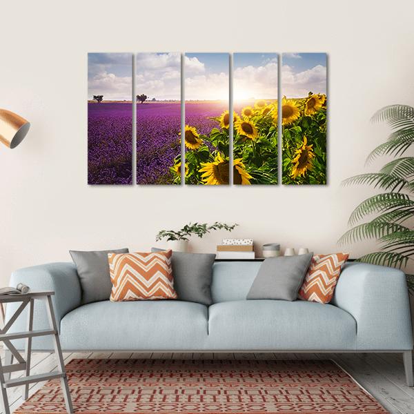 Lavender &amp; Sunflowers Fields Canvas Wall Art-5 Horizontal-Gallery Wrap-22" x 12"-Tiaracle
