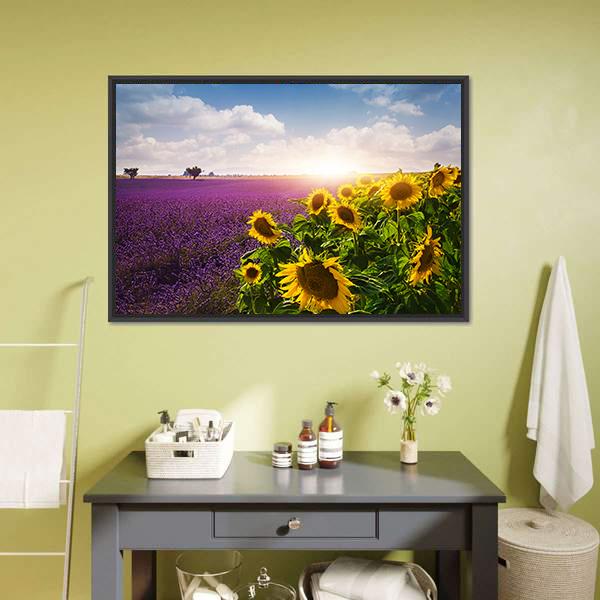 Lavender &amp; Sunflowers Fields Canvas Wall Art-1 Piece-Floating Frame-24&quot; x 16&quot;-Tiaracle