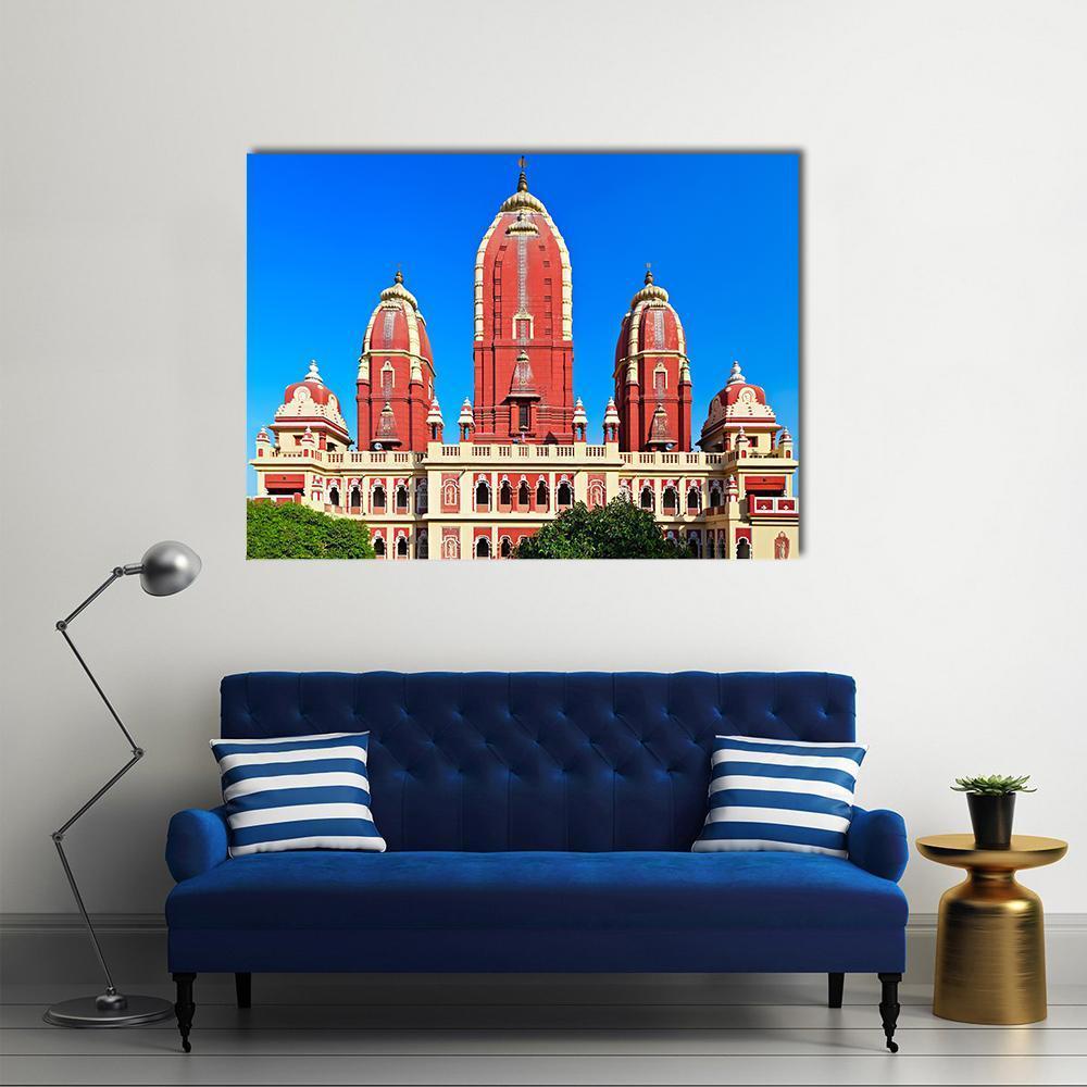 Laxmi Narayan Temple in Majestic Red and White Canvas Wall Art in white, red and blue, single panel hung on a wall