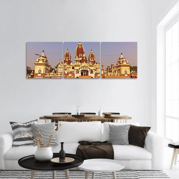 Laxminarayan Temple Sandstone Domes Panoramic Canvas Wall Art in beige, red and yellow, hung on a wall