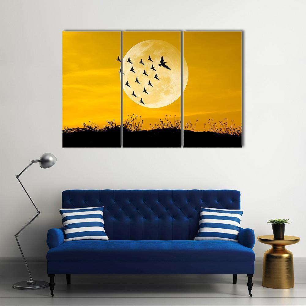 Moon &amp; Birds Silhouettes Canvas Wall Art-3 Horizontal-Gallery Wrap-37&quot; x 24&quot;-Tiaracle