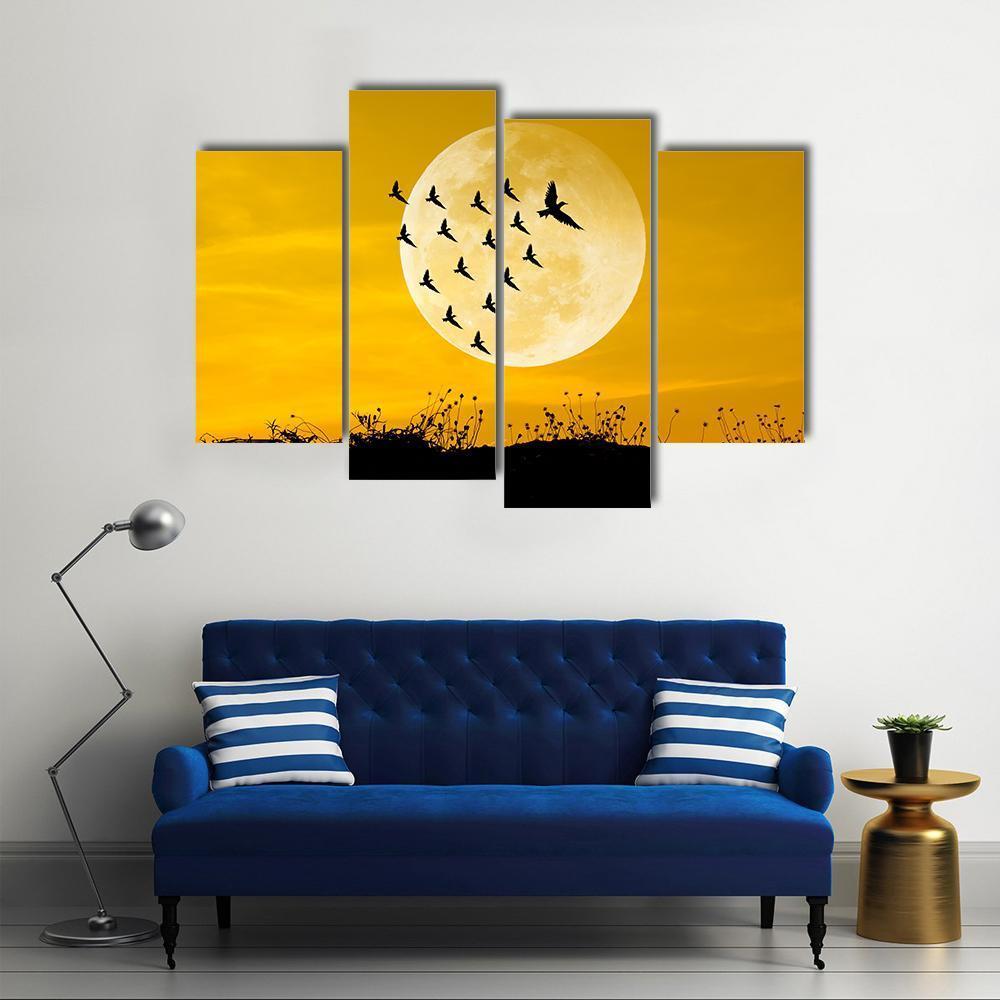 Moon &amp; Birds Silhouettes Canvas Wall Art-4 Pop-Gallery Wrap-50&quot; x 32&quot;-Tiaracle