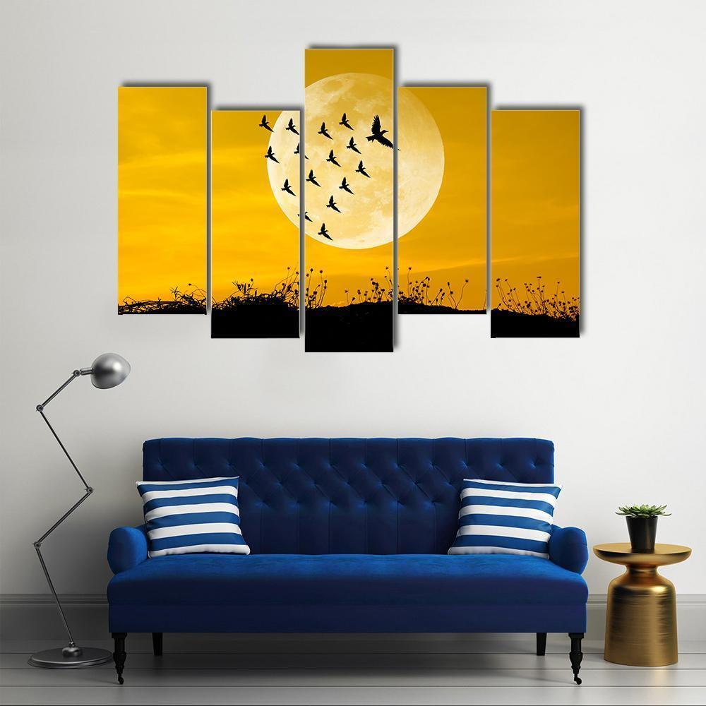 Moon &amp; Birds Silhouettes Canvas Wall Art-5 Pop-Gallery Wrap-47&quot; x 32&quot;-Tiaracle