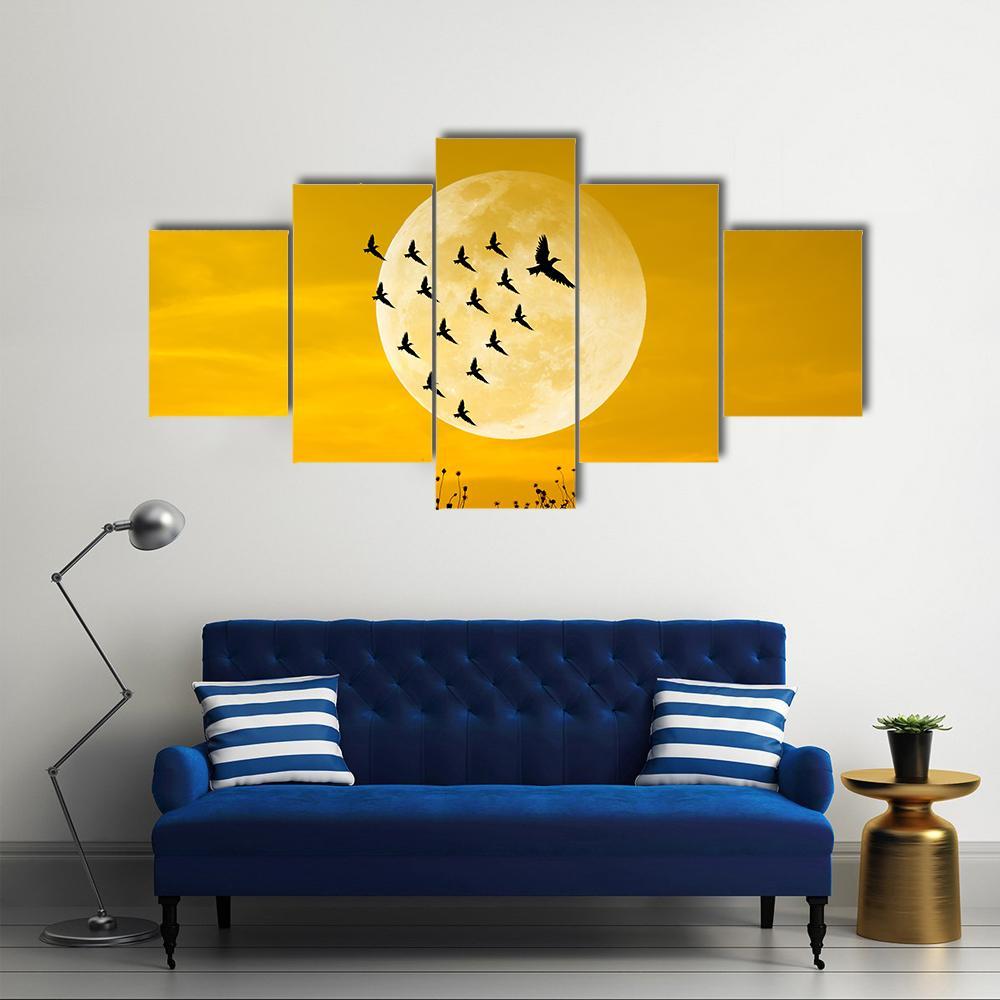 Moon & Birds Silhouettes Canvas Wall Art-4 Pop-Gallery Wrap-50" x 32"-Tiaracle