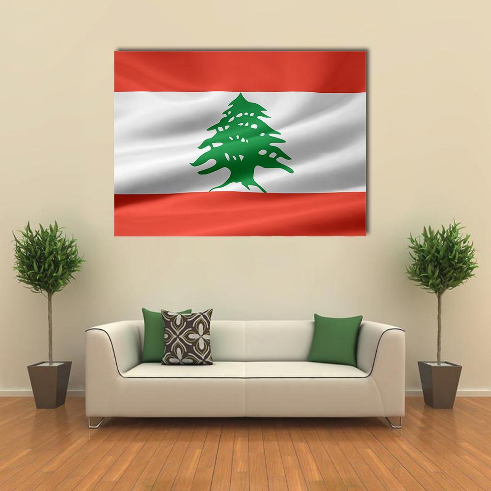 Rippling Lebanon Flag with Cedar Tree Canvas Wall Art in white, red and green, single panel hung on a wall