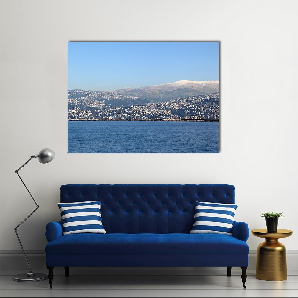 Lebanon Mountains with City and Lake Canvas Wall Art in white, gray and blue, single panel hung on a wall