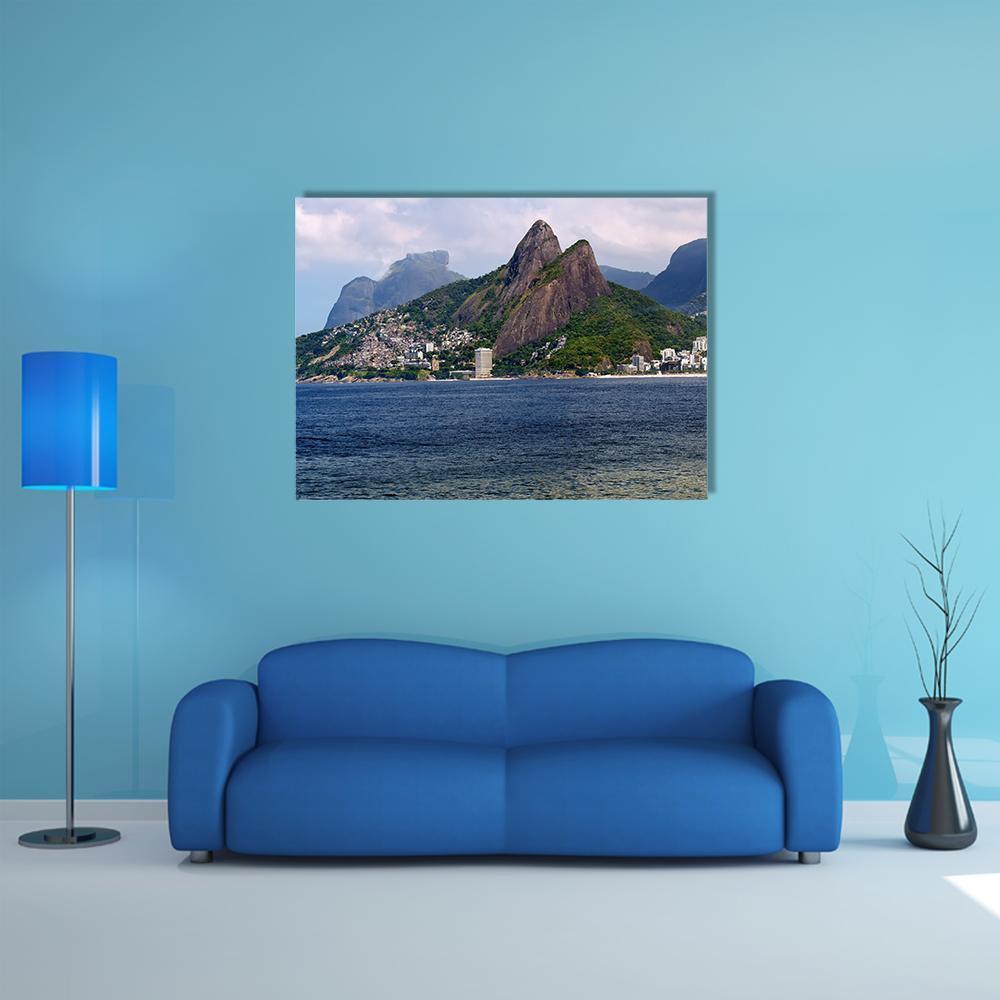Dois Irmao Coastal Peaks Brazil Canvas Wall Art in gray, green and blue, single panel hung on a wall