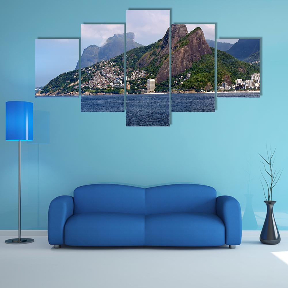 Dois Irmao Coastal Peaks Brazil Canvas Wall Art in gray, green and blue, 5 panel Star layout hung on a wall