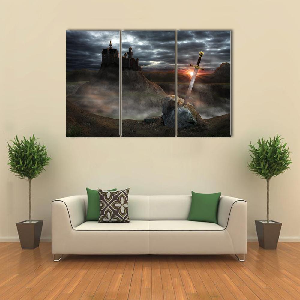 Legendary Castle With Sword Canvas Wall Art-3 Horizontal-Gallery Wrap-25&quot; x 16&quot;-Tiaracle