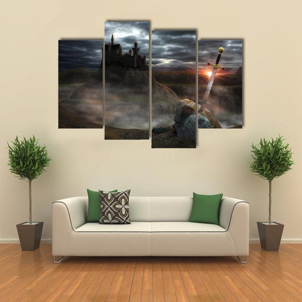 Legendary Castle With Sword Canvas Wall Art-4 Pop-Gallery Wrap-34" x 20"-Tiaracle