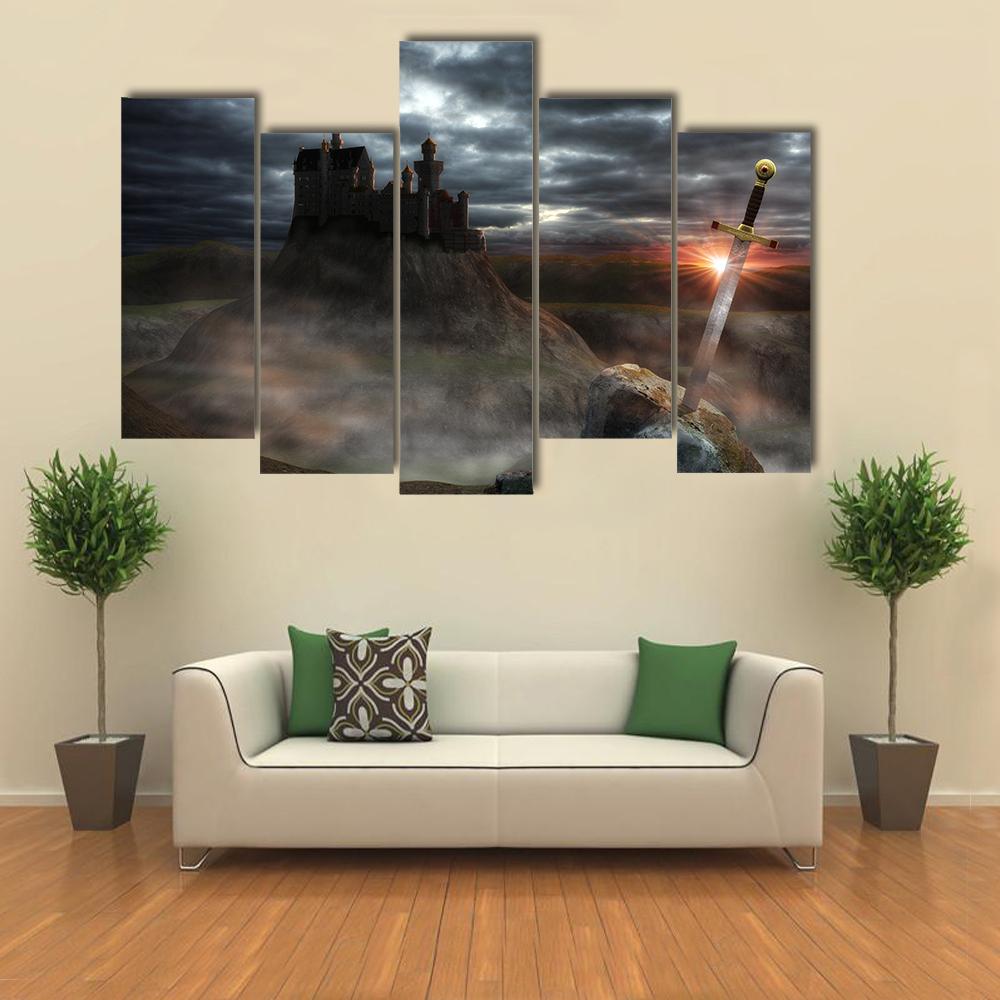 Legendary Castle With Sword Canvas Wall Art-5 Pop-Gallery Wrap-32&quot; x 21&quot;-Tiaracle