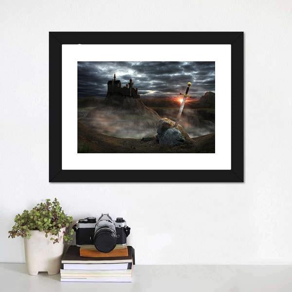 Legendary Castle With Sword Canvas Wall Art-1 Piece-Framed Print-20" x 16"-Tiaracle