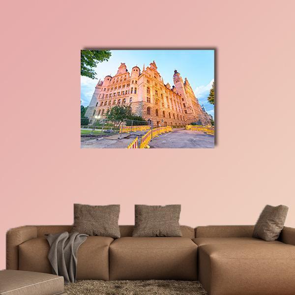 Neues Rathaus Leipzig Canvas Wall Art in beige, orange and blue, single panel hung on a wall