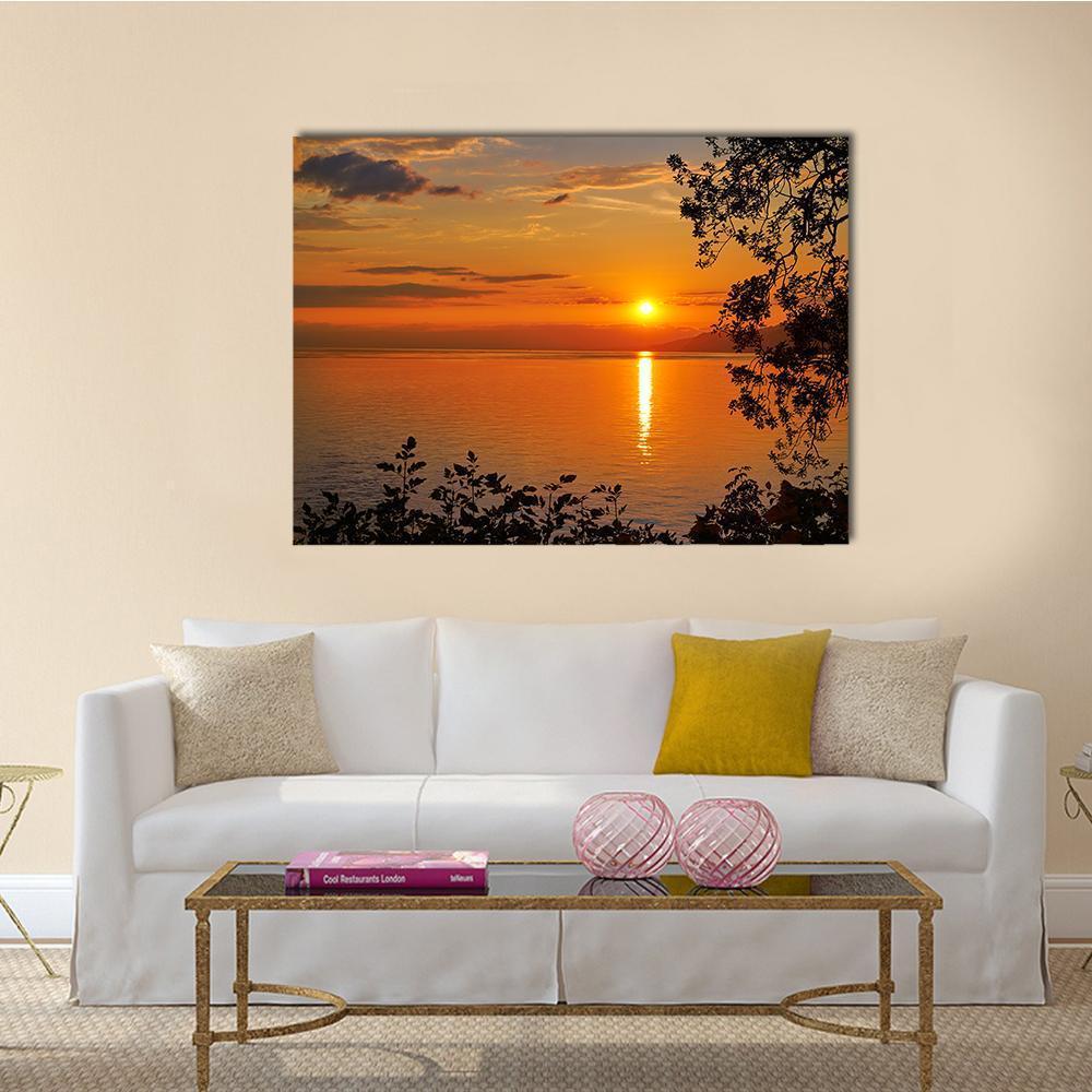 Geneva Lake At Sunset Canvas Wall Art-1 Piece-Gallery Wrap-48" x 32"-Tiaracle