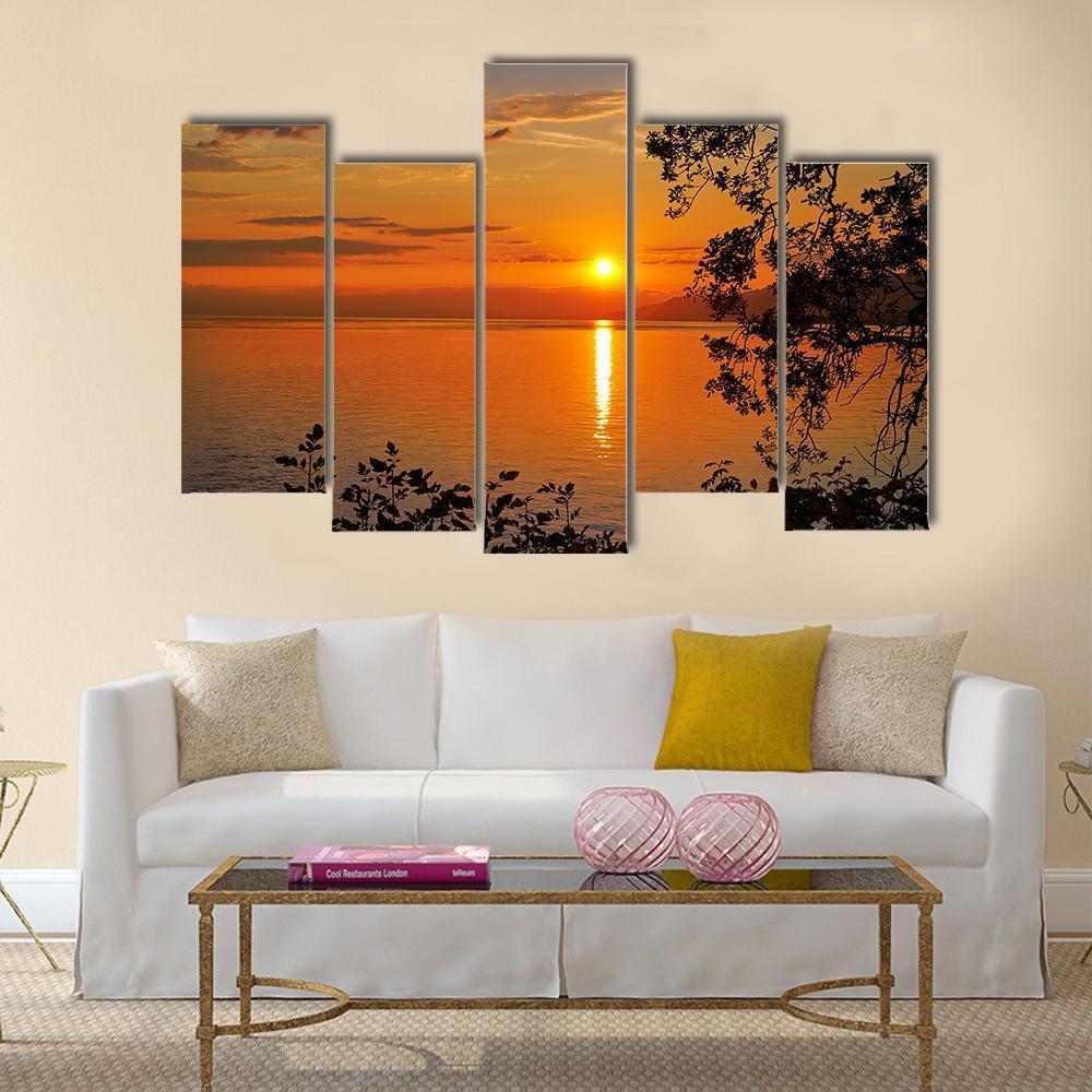 Geneva Lake At Sunset Canvas Wall Art-5 Pop-Gallery Wrap-47" x 32"-Tiaracle