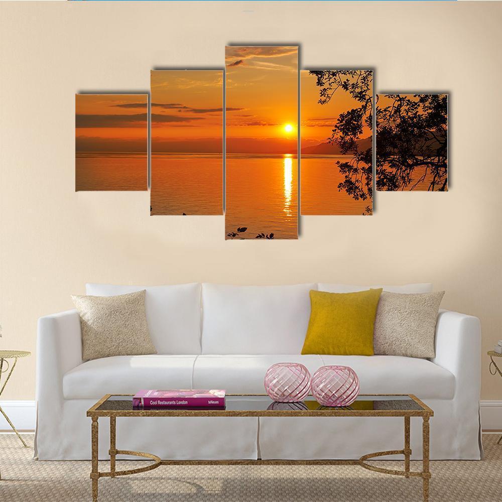Geneva Lake At Sunset Canvas Wall Art-5 Star-Gallery Wrap-62" x 32"-Tiaracle
