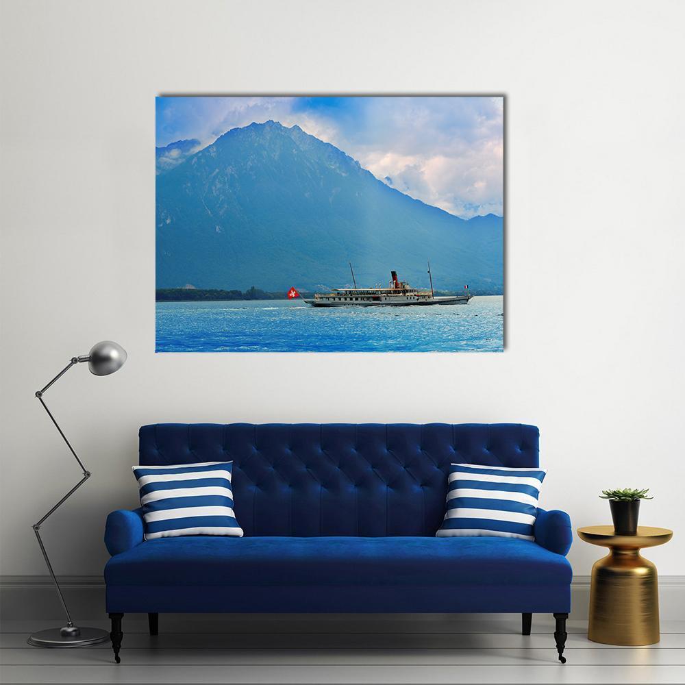 Paddle Steamer on Lake with Swiss Flag Canvas Wall Art in white and blue, single panel hung on a wall