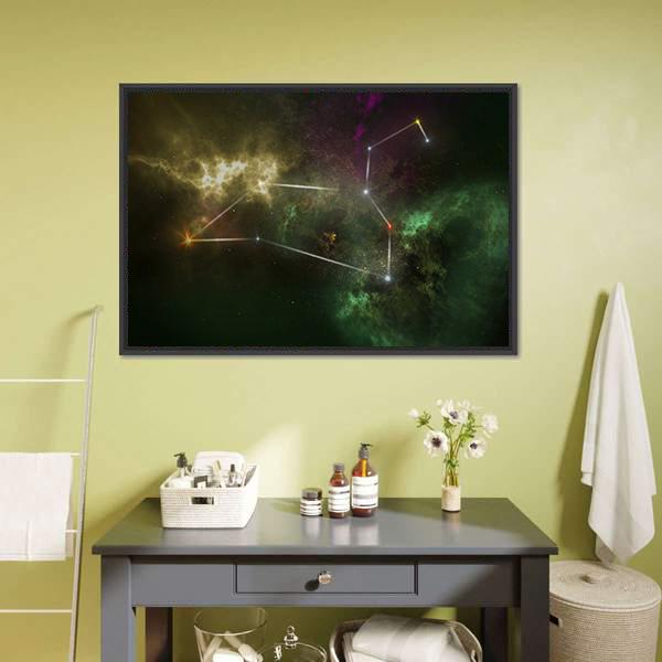 Leo Constellation Nebula Canvas Wall Art in black, yellow and green, framed canvas, product view on a white background