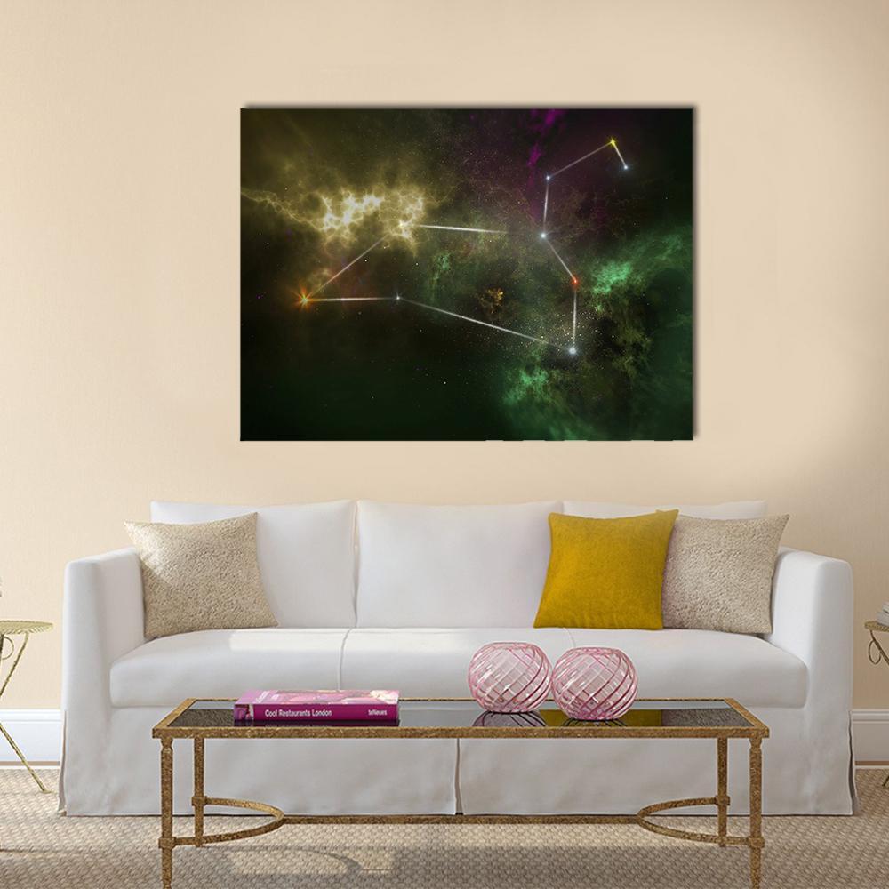 Leo Constellation Nebula Canvas Wall Art in black, yellow and green, single panel hung on a wall